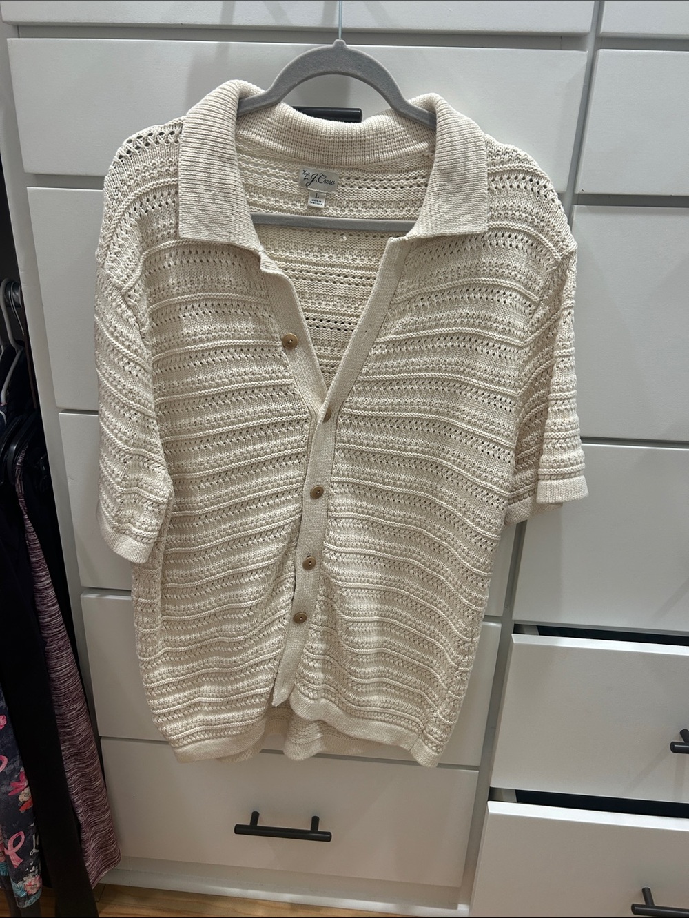 J. Crew Cream Openwork Knit Button-Up Sweater